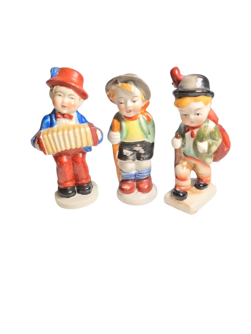 3 Vintage Occupied Japan Figurines Boy Playing Accordion Hiking READ